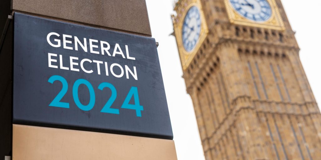 general election sign in front of the Palace of Westminster