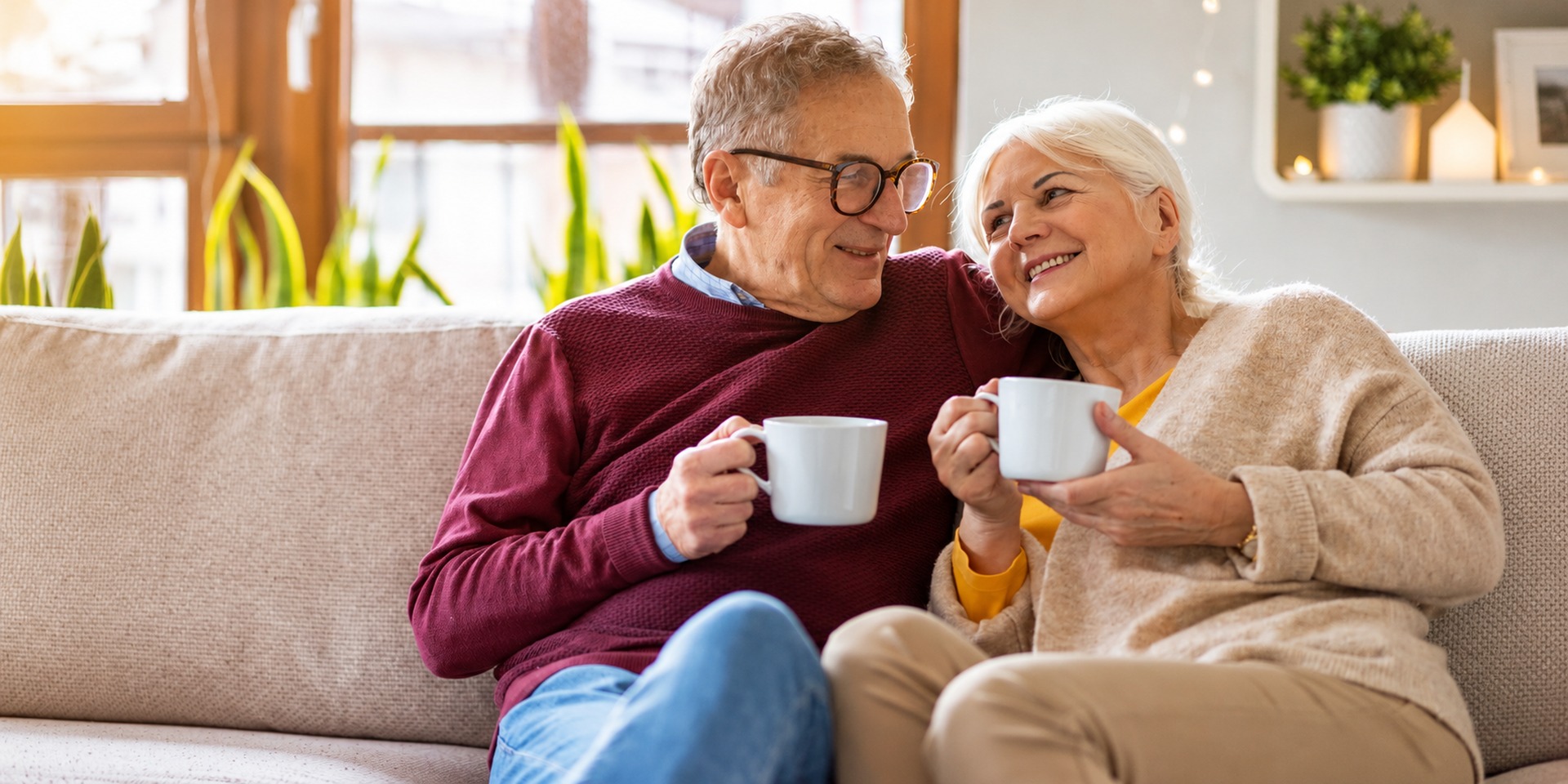 An elderly couple relaxing together.
